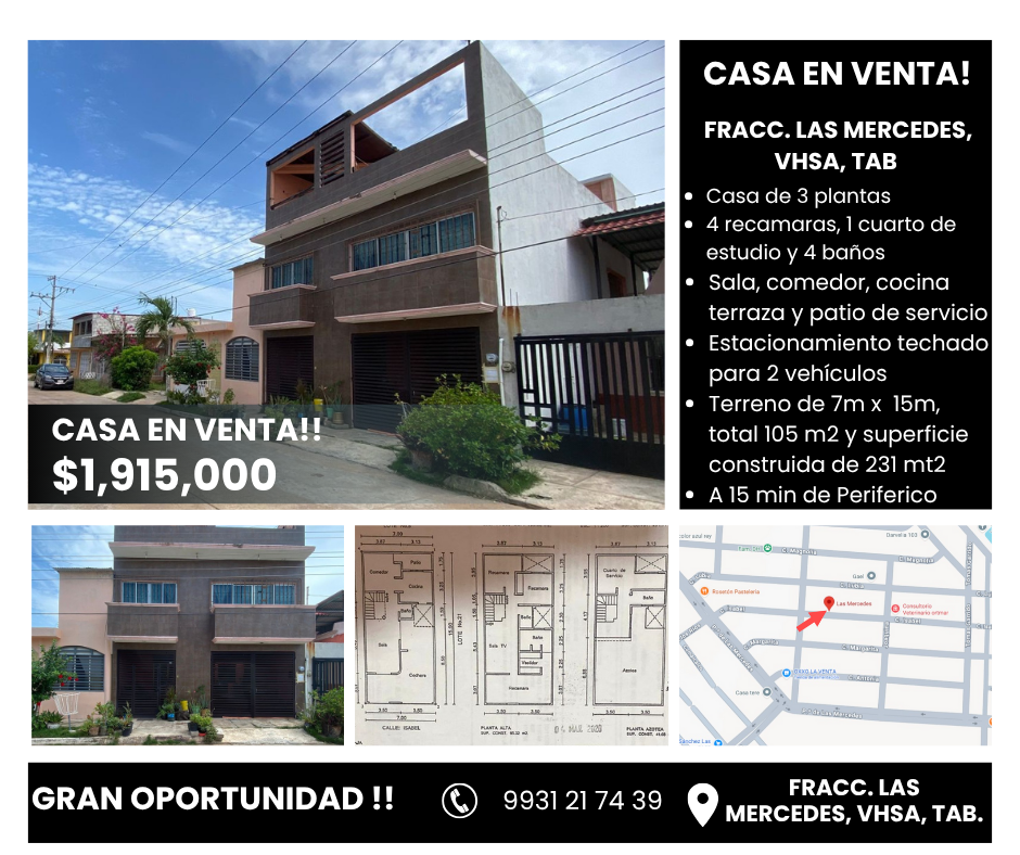 Casa en venta de 231 m2 de construccion!! en Fracc. Las Mercedes, Villahermosa, Tab. ¡La oportunidad que estabas esperando! por $1,915,000