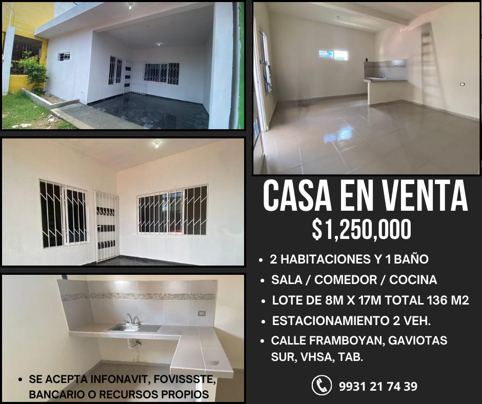 Casa en venta de 90 m2 de construcción!! en Calle Framboyan s/n, Co. Gaviotas Sur, Villahermosa, Tab. ¡La oportunidad que estabas esperando dentro de la ciudad! por $1,250,000