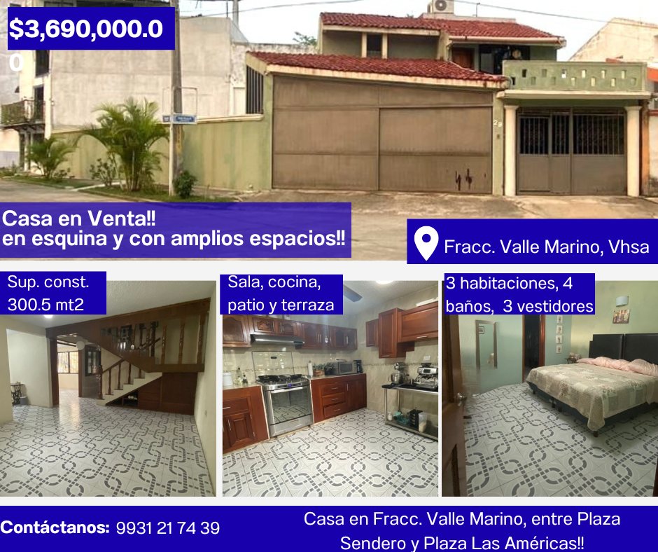 Casa en venta de 300.45 m2 de construccion!! en Fracc. Valle Marino, Villahermosa, Tab. ¡La oportunidad que estabas esperando! por $3,690,000
