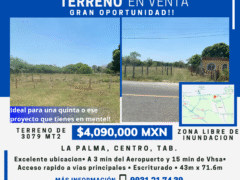 Terreno en venta 3079 mt2!! 🚨 Plusvalía y bien ubicado, a un lado del Aeropuerto y 15 minutos de Villahermosa!! Ra. La Palma, Vhsa, Tab. 🏠 💲4,090,000.00