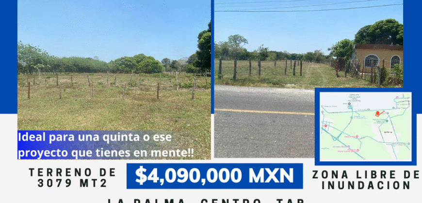 Terreno en venta 3079 mt2!! 🚨 Plusvalía y bien ubicado, a un lado del Aeropuerto y 15 minutos de Villahermosa!! Ra. La Palma, Vhsa, Tab. 🏠 💲4,090,000.00