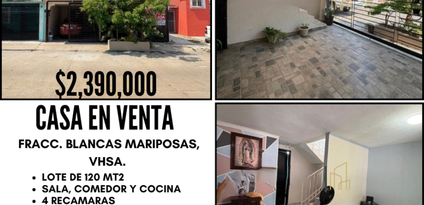 Casa en venta de 180 m2 de construcción!! en Calle Geranios, Fracc. Blancas Mariposas, Villahermosa, Tab. ¡La oportunidad que estabas esperando dentro de la ciudad! por $2,390,000