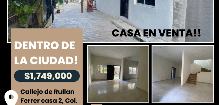 🏡 Casa en venta de 118.67 mt2 construidos!!! Céntrica, en Callejón Rullan Ferrer Casa 2, casi esq. Mina, Col. Mayito, Vhsa., Tab. por $1,749,000!!