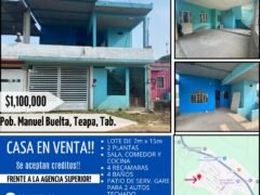 🏡 Casa en venta de 120 mt2 construidos!!! en Calle 6, Pob. Manuel Buelta, frente a la agencia Superior!,Teapa, Tab. por $1,100,000!!