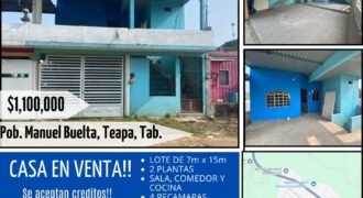 🏡 Casa en venta de 120 mt2 construidos!!! en Calle 6, Pob. Manuel Buelta, frente a la agencia Superior!,Teapa, Tab. por $1,100,000!!