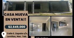 🏡 Casa nueva en venta de 225 mt2 construidos!!! A super precio!! Calle E. Zapata s/n, Lomitas, Nacajuca., Tab. por $2,649,000!!