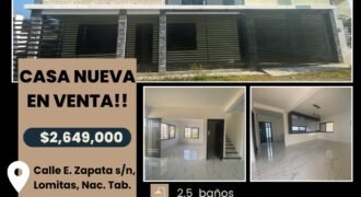 🏡 Casa nueva en venta de 225 mt2 construidos!!! A super precio!! Calle E. Zapata s/n, Lomitas, Nacajuca., Tab. por $2,649,000!!