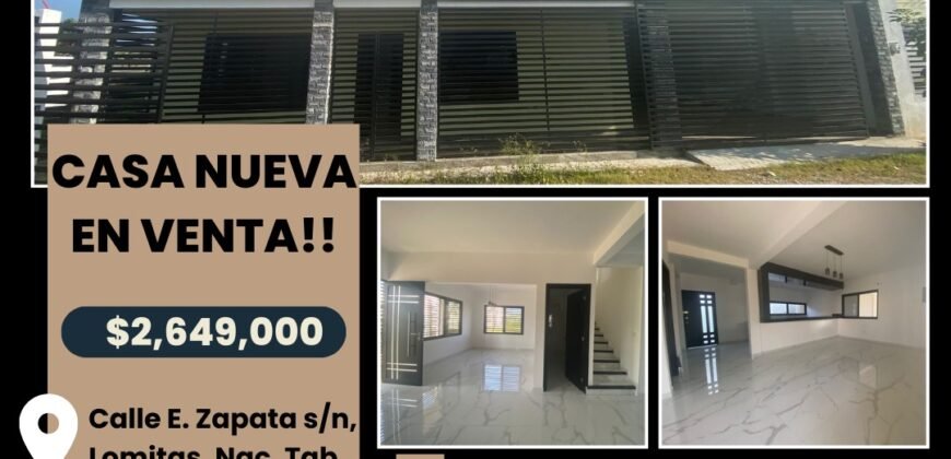 🏡 Casa nueva en venta de 225 mt2 construidos!!! A super precio!! Calle E. Zapata s/n, Lomitas, Nacajuca., Tab. por $2,649,000!!