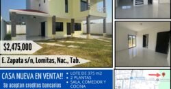 🏡 Casa nueva en venta de 180 mt2 construidos!!! A super precio!! 💰 $2,475,000 MXN 📍 Lomitas, Nacajuca, Tabasco (Calle E. Zapata)