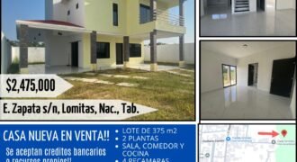 🏡 Casa nueva en venta de 180 mt2 construidos!!! A super precio!! 💰 $2,475,000 MXN 📍 Lomitas, Nacajuca, Tabasco (Calle E. Zapata)