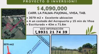 🚨 Terreno en venta!! 🚨 Plusvalía y bien ubicado, a un lado del Aeropuerto y 15 minutos de Villahermosa ! La Palma, Vhsa, Tab.🏠 💲4,090,000.00 🚨
